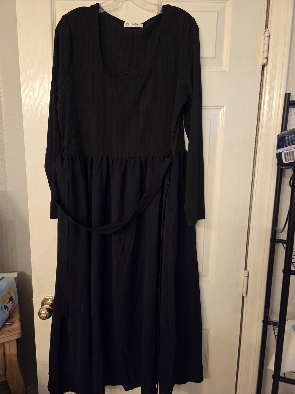 Grace Karin Black Long Sleeve Maxi Dress with Tie Waist